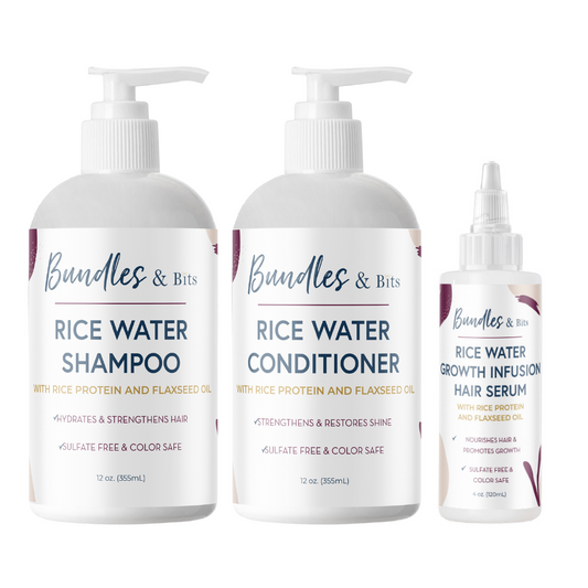Bundles & Bits Rice Water Shampoo, Conditioner, Hair Growth Serum, Front Profile